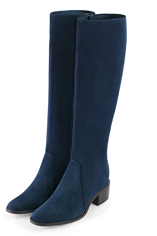 Bottes femme cavalieres sur mesures bleu marine Mollets fins ou larges Bout rond. Semelle cuir petit talon. Personnalisation. Modele Stan Paris Bloc